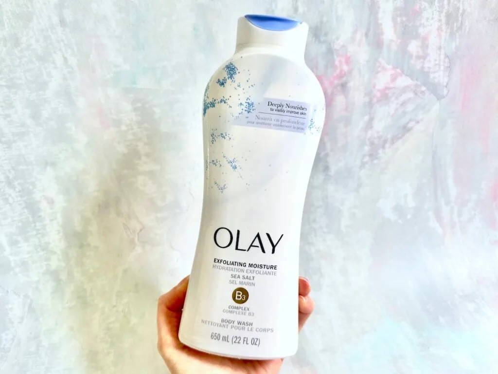 Olay Exfoliating Body Wash with Sea Salts, handheld.