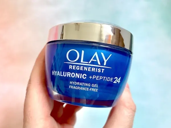 Olay Hyaluronic + Peptide 24 Hydrating Gel Cream handheld.