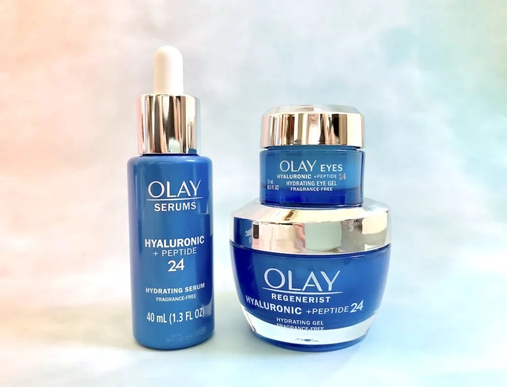 Olay Hyaluronic + Peptide 24 Serum, Eye Gel and Gel Cream Moisturizer.