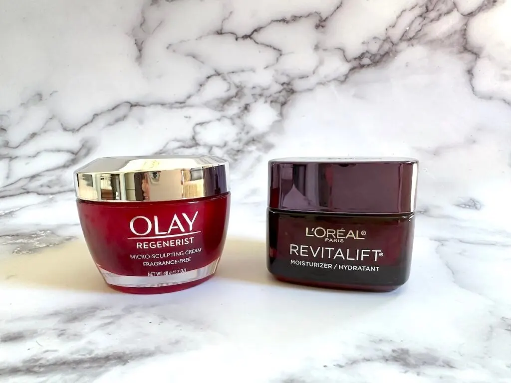 Olay Regenerist Micro-Sculpting Cream and L'Oreal Revitalift Triple Power Anti-Aging Moisturizer.