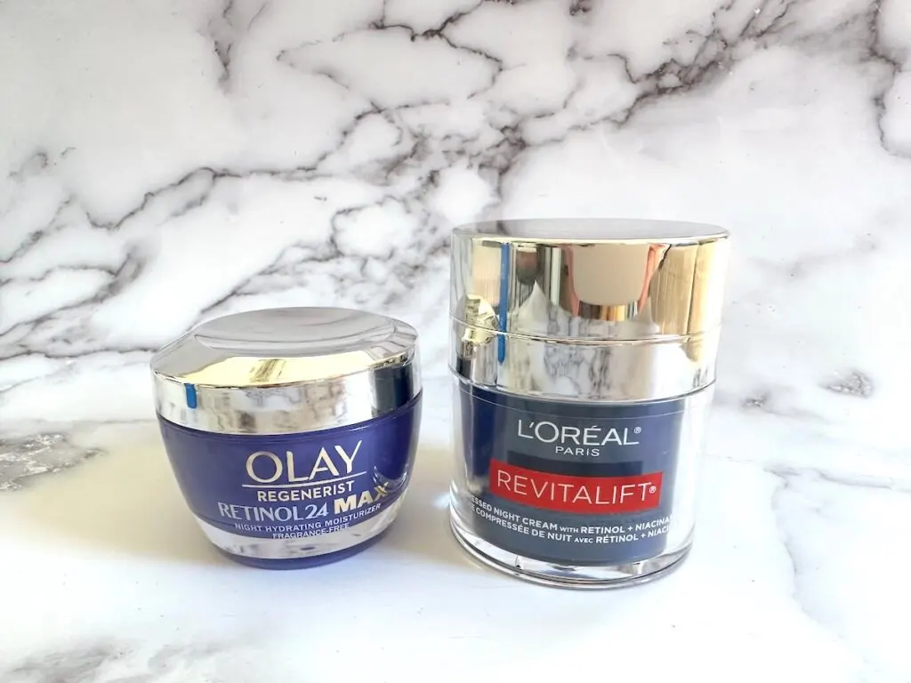 Olay Retinol24 MAX Night Face Moisturizer and L'Oreal Revitalift Pressed Night Cream With Retinol + Niacinamide.