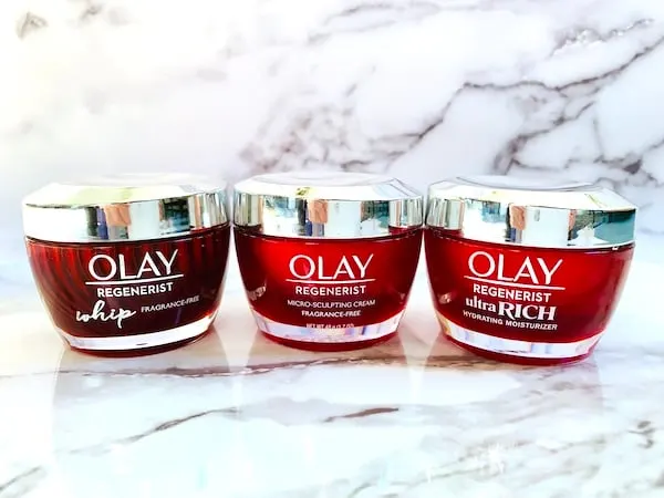 Olay Regenerist Whip, Olay Micro-Sculpting Cream, Olay Ultra Rich Moisturizer, side by side.