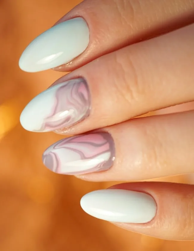 Pink, white and gray marble nails.