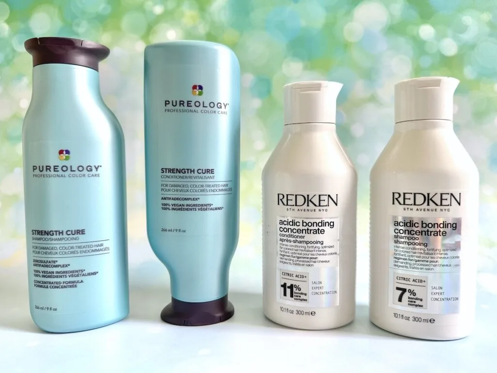 Pureology Strength Cure Shampoo and Conditioner and Redken Acidic Bonding Concentrate Shampoo and Conditioner.