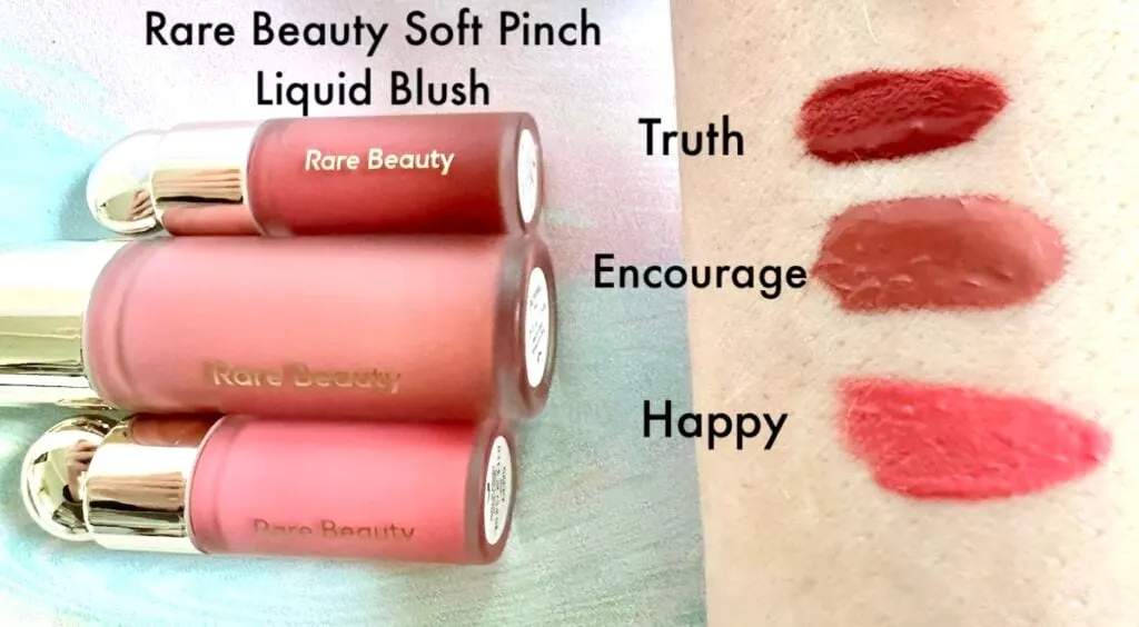 Rare Beauty Soft Pink Liquid Blush in the shades Truth, Encourage, and Happy, swatched on arm.