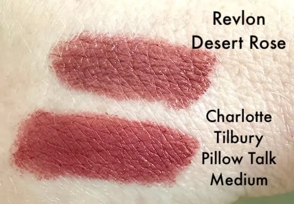 Revlon Super Lustrous Lipstick in Desert Escape and Charlotte Tilbury Pillow Talk Medium Lipstick, swatches on hand.