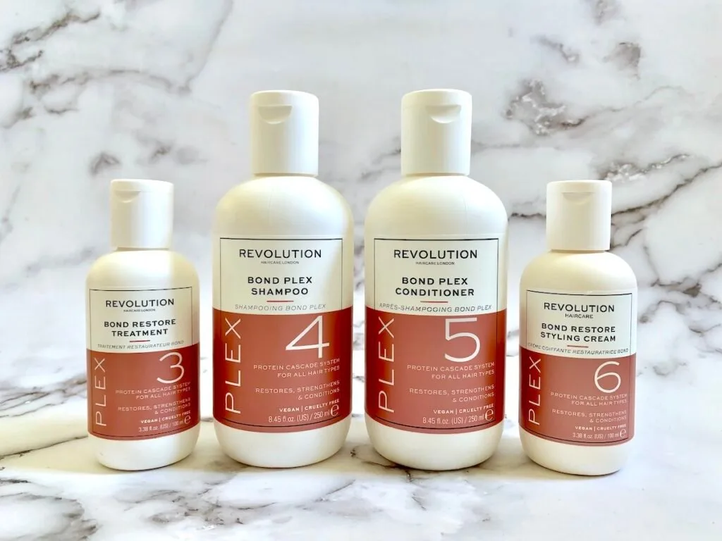 Revolution Haircare Hair Plex System: 3 Bond Restore Treatment, 4 Bond Plex Shampoo, 5 Blond Plex Conditioner, and 6 Bond Restore Styling Cream.