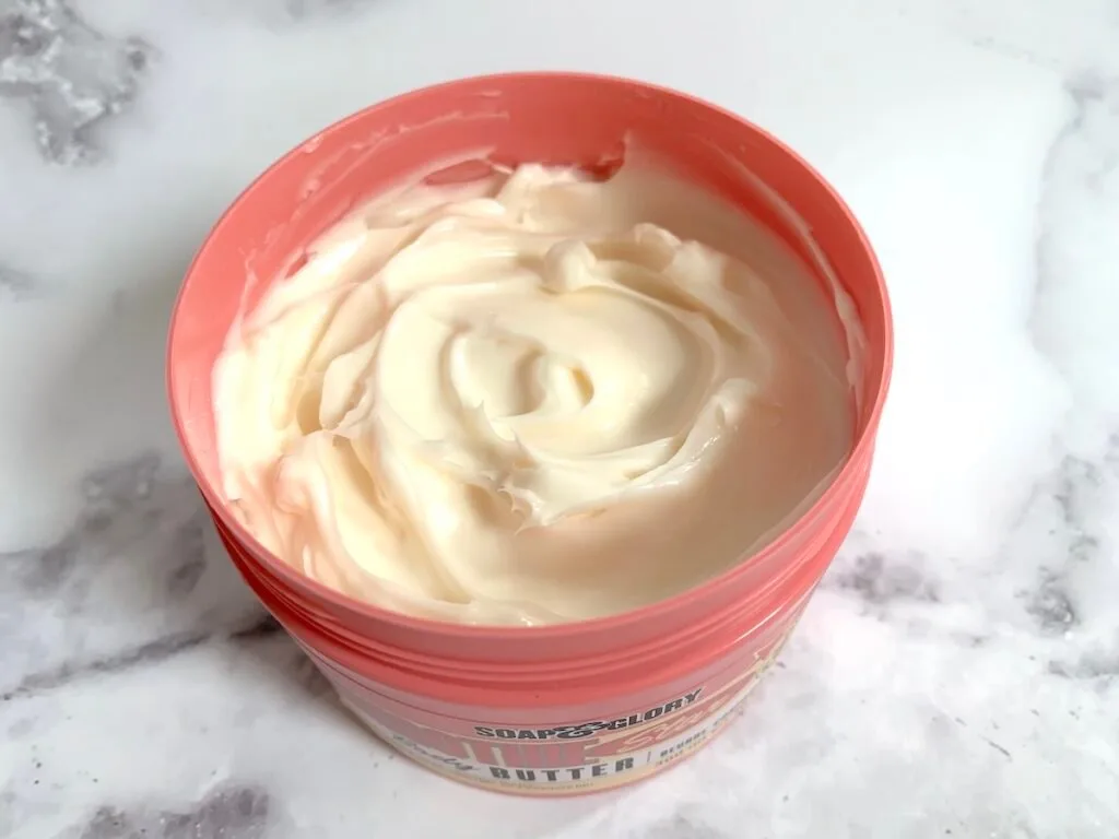 Soap & Glory Smoothie Star Body Butter opened.