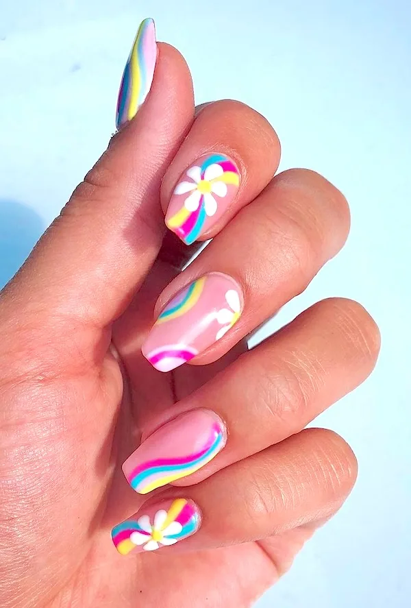 Spring rainbow flower nails.