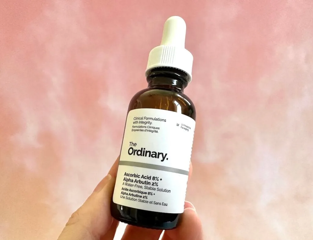 The Ordinary Ascorbic Acid 8% + Alpha Arbutin 2%, handheld.