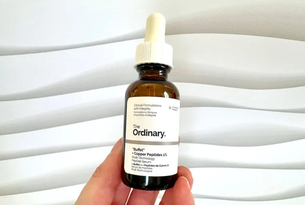 The Ordinary "Buffet" + Copper Peptides 1% (renamed to The Ordinary Multi-Peptide + Copper Peptides 1% Serum), handheld.