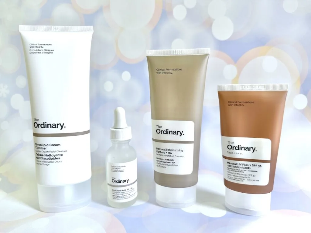 The Ordinary Glycolipid Cream Cleanser, The Ordinary Hyaluronic Acid 2% + B5, The Ordinary Natural Moisturizing Factors + HA, and The Ordinary Mineral UV Filters SPF 30 with Antioxidants.