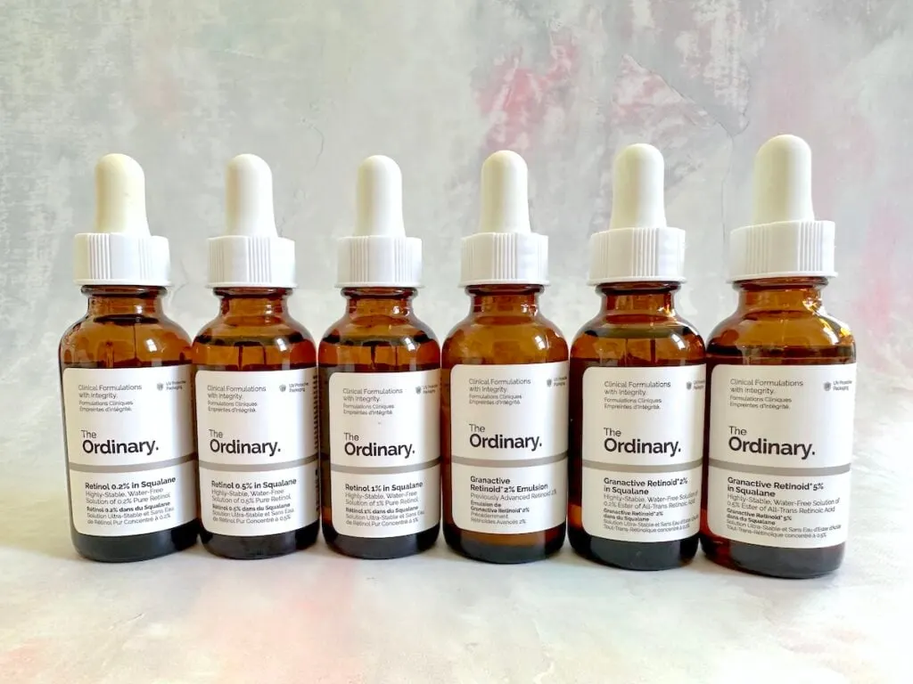 Six The Ordinary Granactive Retinoid and Retinol Serums.