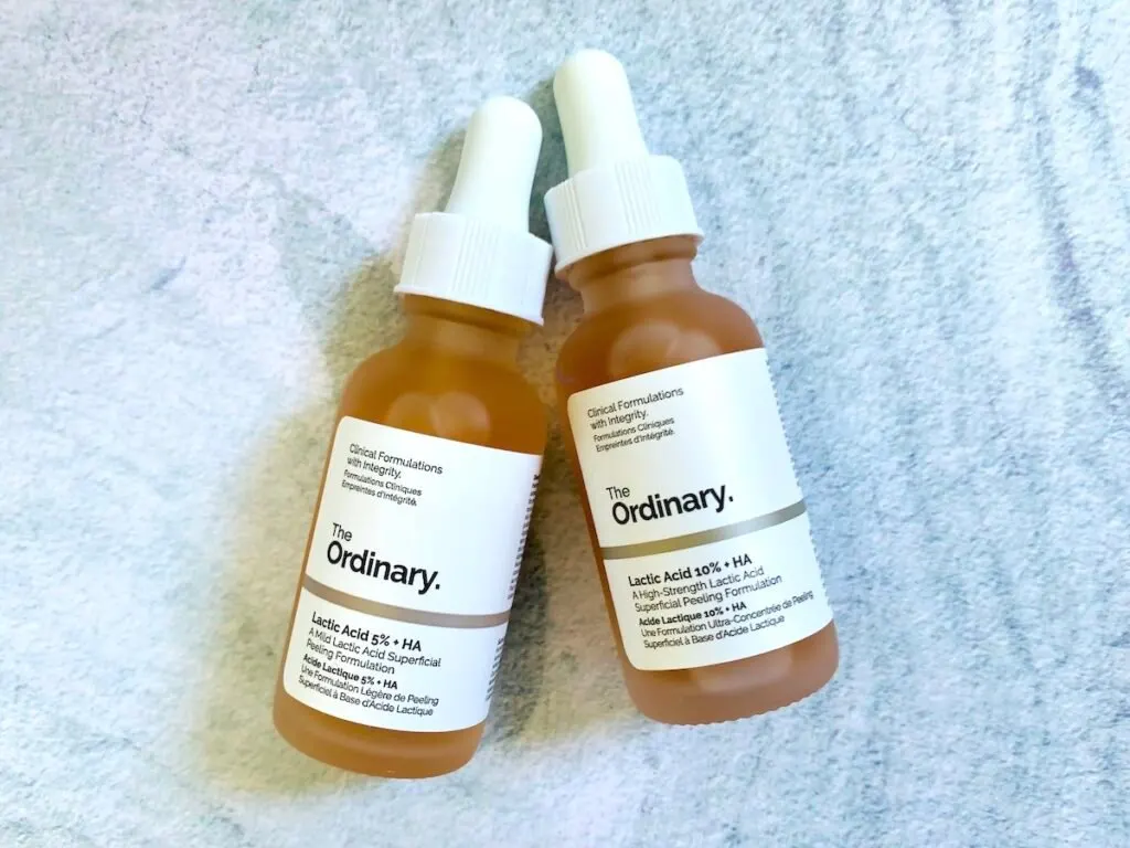 The Ordinary Lactic Acid 5% + HA and The Ordinary Lactic Acid 10% + HA serums flatlay