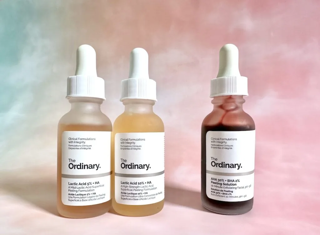 The Ordinary Lactic Acid 5% + HA, The Ordinary Lactic Acid 10% + HA, and The Ordinary AHA 30% + BHA 2% Peeling Solution.