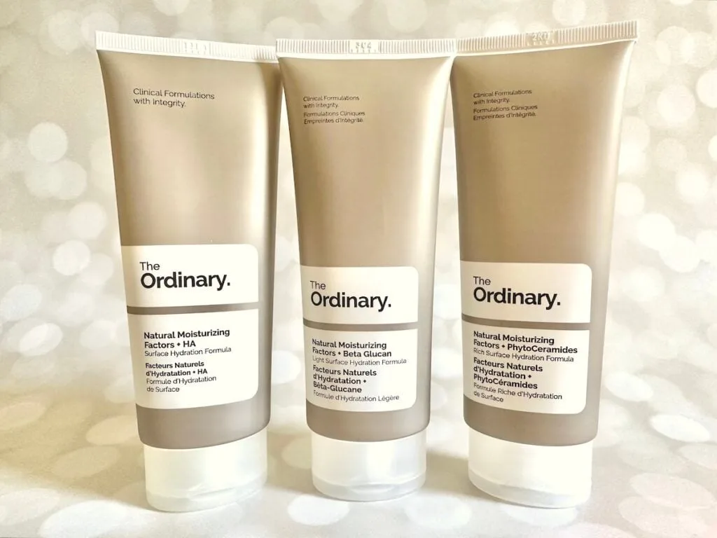 The Ordinary Moisturizers: The Ordinary Natural Moisturizing Factors + HA, The Ordinary Natural Moisturizing Factors + Beta-Glucan, and The Ordinary Natural Moisturizing Factors + PhytoCeramides.