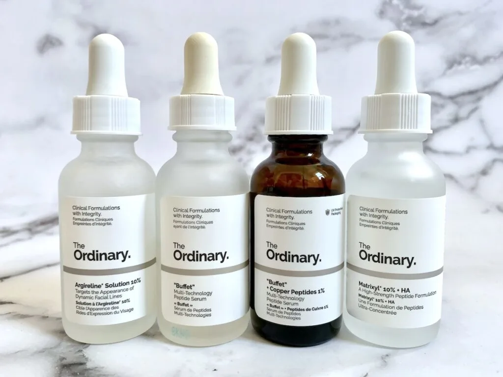 The Ordinary Peptides: Argireline, Buffet, Buffet with Copper Peptides and Matrixyl serums.