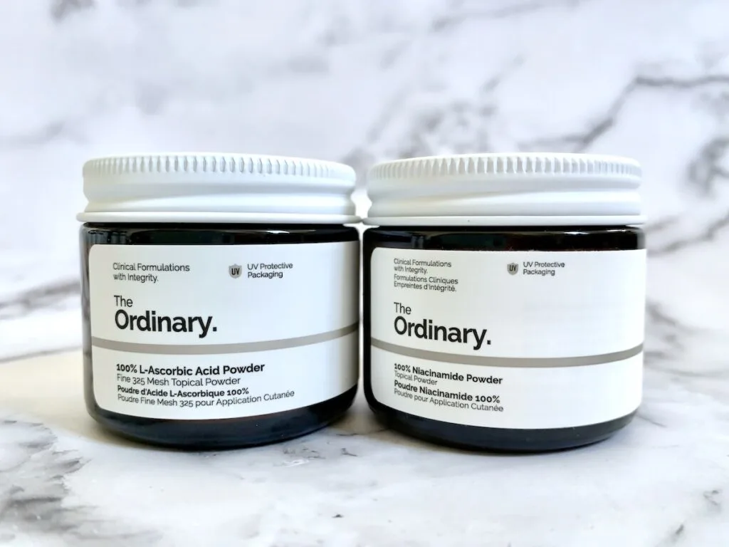 The Ordinary Powders: L-Ascorbic Acid and Niacinamide powders.