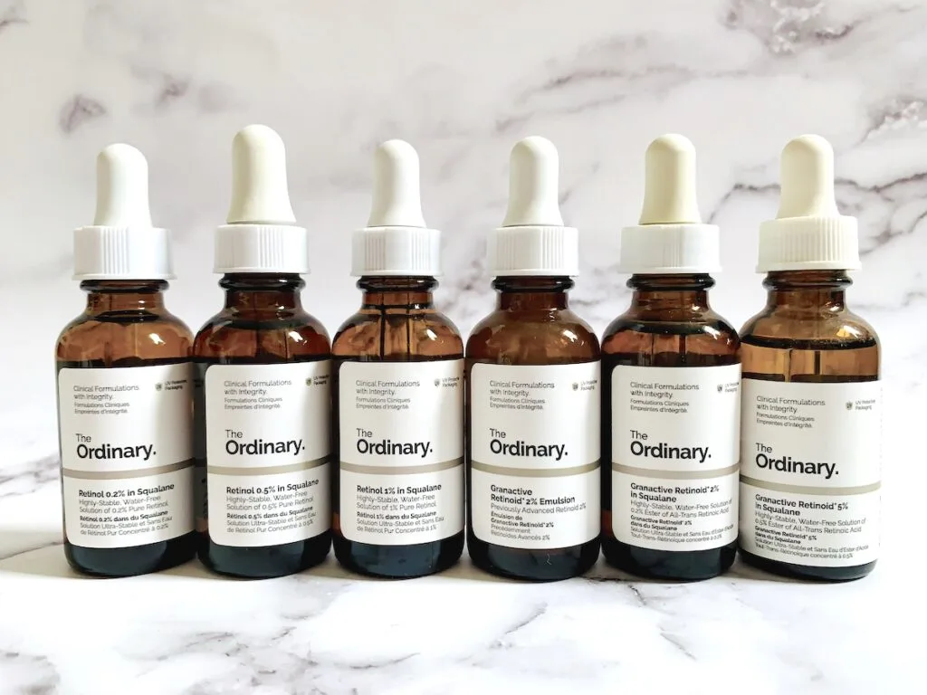 Six The Ordinary Retinol and Granactive Retinoid serums.