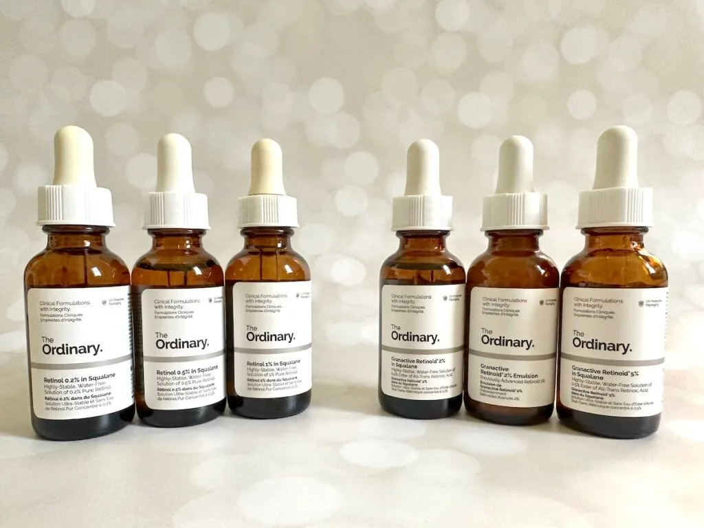 Six The Ordinary retinol and retinoid serums, separated by type: retinol vs Granactive Retinoid.