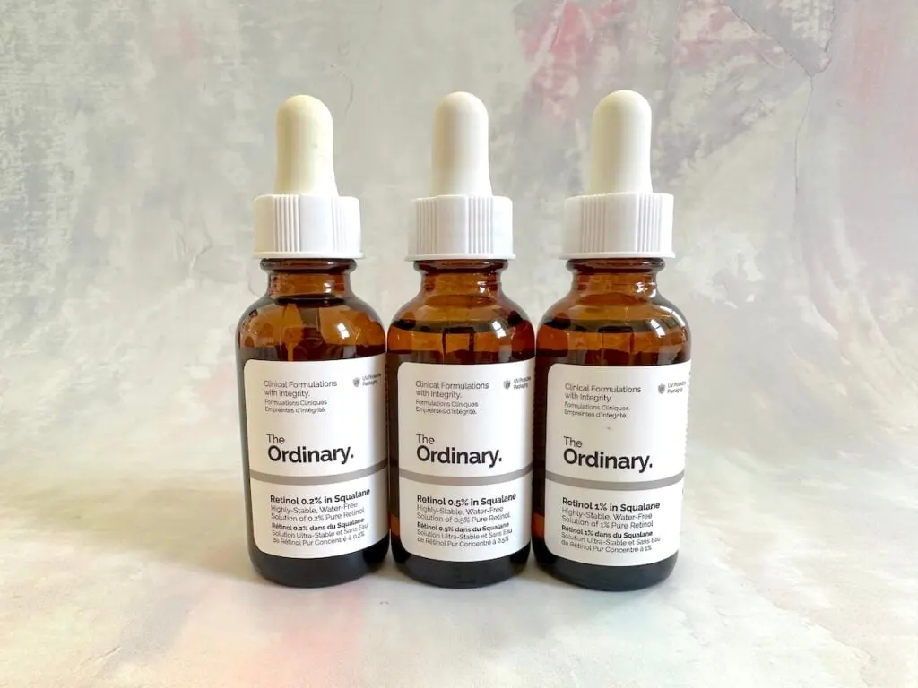 The Ordinary Retinol 0.2% in Squalane, The Ordinary Retinol 0.5% in Squalane, and The Ordinary Retinol 1% in Squalane.