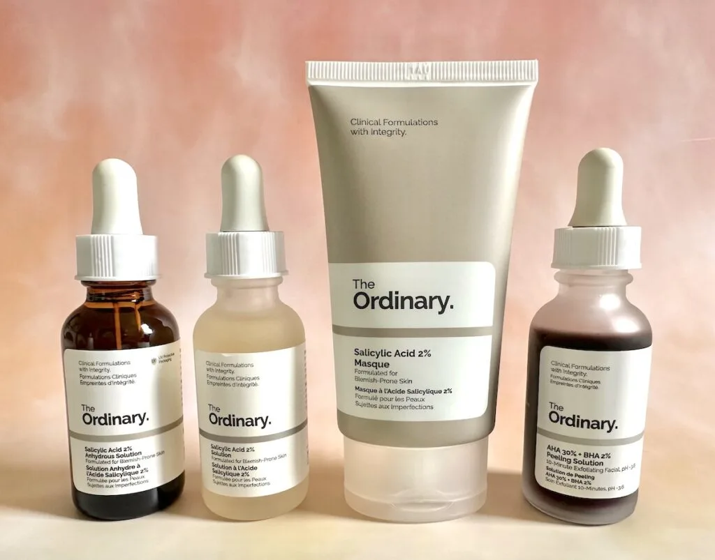 The Ordinary Salicylic Acid 2% Solution, The Ordinary Salicylic Acid 2% Anhydrous Solution, The Ordinary Salicylic Acid 2% Masque, and The Ordinary AHA 30% + BHA 2% Peeling Solution.