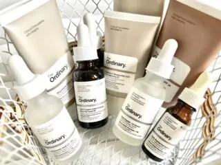 The Ordinary Skincare Routine For Over 50: The Ordinary Ordinary products in white wire basket.