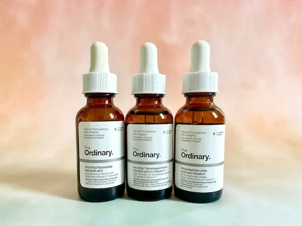 The Ordinary Vitamin C Derivatives: Ascorbyl Glucoside Solution 12%, Ascorbyl Tetraisopalmitate Solution 20% in Vitamin F, and Ethylated Ascorbic Acid 15% Solution.