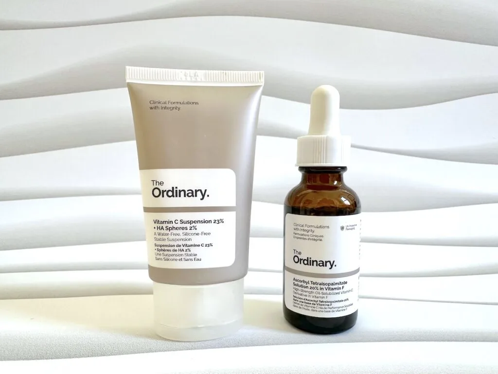 The Ordinary Vitamin C Suspension 23% + HA Spheres 2% and The Ordinary Ascorbyl Tetraisopalmitate Solution 20% in Vitamin F.