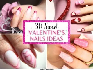 30 Valentine's Nails Ideas collage of four Valentine's Day manicures.