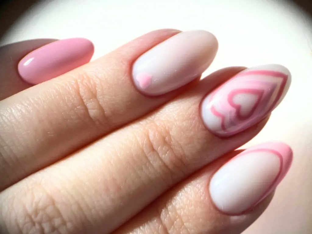 Gradient pink heart Valentines nails.