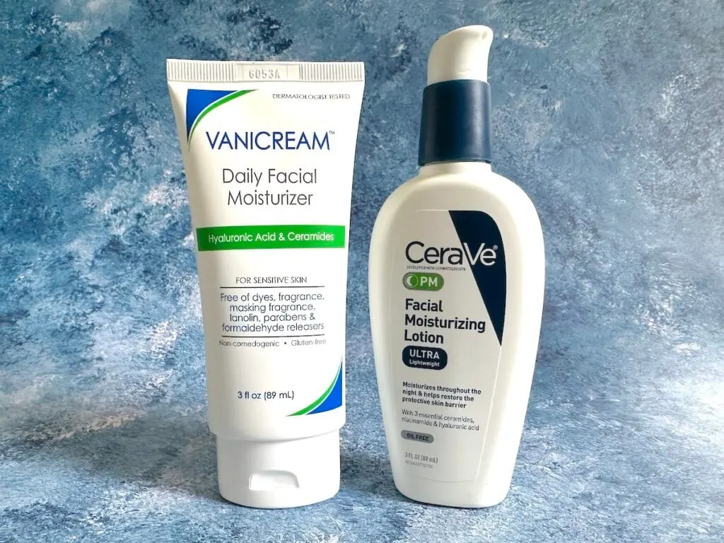 Vanicream Daily Facial Moisturizer and CeraVe PM Facial Moisturizing Lotion.