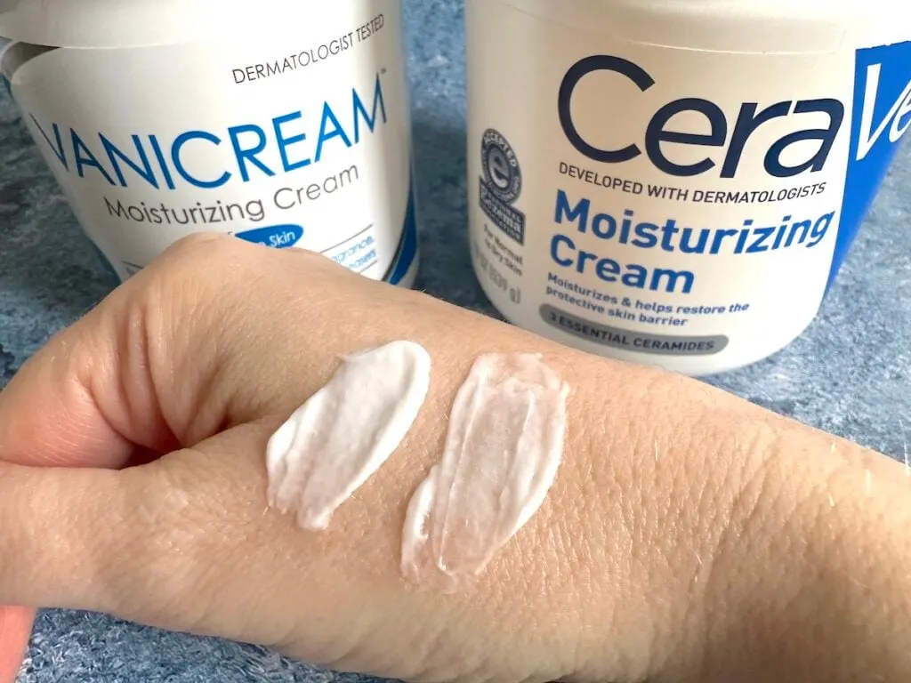 Vanicream and CeraVe Moisturizing Cream jars sampled on hand.