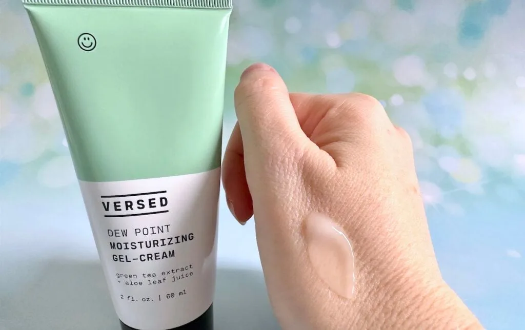 Versed Dew Point Moisturizing Gel-Cream, tube next to sample on hand.