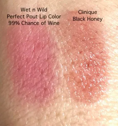 Wet n Wild Perfect Pout Lip Color in 99% Chance of Wine and Clinique Black Honey swatches.